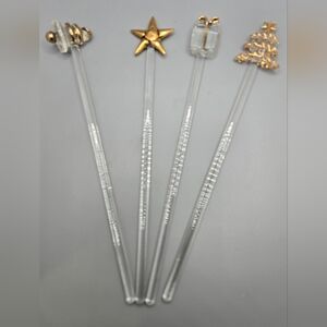 Glass Swizzle Sticks or Cocktail Stirrers Set of 4 Bell Star Gift Tree Christmas